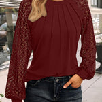 Contrast Lace Round Neck Lantern Sleeve Ruched Blouse Elegant Shirt