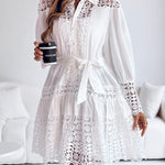 Guipure Lace Spliced Turn-down Collar Long Sleeve Button Front Shirt Dress Casual Tie Waist Ruffle Hem Dress