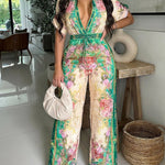 Vintage Floral Print Turn-down Collar Roll Up Sleeve Button Front Overalls Casual Drawstring Stretchy Waist Wide Leg Vacation Jumpsuit