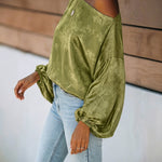 Women's Satin Jacquard Skew Neck Top Loose Vintage Lantern Sleeve Blouse