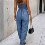 Women's Chain Strap Jumpsuit Hollow Out Shirred Waist Overalls Casual Jogger Jumpsuit with Pockets
