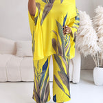 2 Pieces Outfit Plants Print Cold Shoulder Batwing Sleeve Top and Casual Wide Leg Pants Set