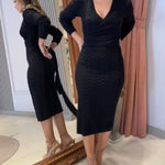 Cable Textured Overlap Deep V-Neck Long Sleeve Mid-Length Dress Tie Waist Slim Fit Knit Dress