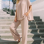 2 Pieces Outfit Elegant Pearl Embellished Split Sleeve Top and Casual Wide Leg Pants Set