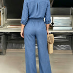 Women's 2 Piece Textured Set Button Down Shirt and Wide Leg Pants Set Casual Loose Lightweight Outfits with Pockets