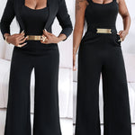 2 Pieces Outfit Metal Decor Square Neck Thick Strap Zipper Back Cinched Waist Wide Leg Jumpsuit and Casual Crop Cardigan Set