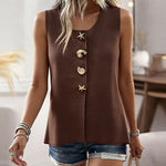 Women's Knit Tank Top Starfish Shell Gold Button Sleeveless Vest Beach Vacation Casual Top