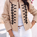 Women's Ethnic Braided Embroidered Faux Suede Stand Collar Snap Button Crop Jacket