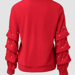 Keyhole Neck Long Sleeve Pullover Top Beaded Hollow Out Blouse Top