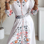 Floral Print V Neck Three Quarters Tied Detail Blouse Dress Casual A Line Slim Fit Maxi Dress