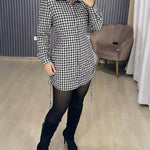 Women's Vintage Plaid Drawstring Long Sleeve Casual Dress Shirred Button Down Shirt Dress