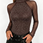 Women's Rhinestone Mesh Long Sleeve Top Mock Neck Sparkle Slim Fit Tee