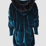Velvet Fuzzy Trim Hooded Mini Dress Long Sleeve Zipper Design Sweatshirt Pullover Casual Dress