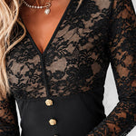 Women's V Neck Lace Patchwork Top Sexy Long Sleeve Slim Fit Blouse Floral Gold Button Front Slit Peplum Top