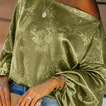 Women's Satin Jacquard Skew Neck Top Loose Vintage Lantern Sleeve Blouse
