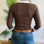 Women's Contrast Lapel Collar Faux Two-Piece Knit Top Long Sleeve Slim Fit Top