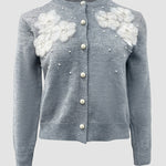 Floral Applique & Pearls Decor Round Neck Single Breasted Knit Cardigan Casual Crop Sweater Coat