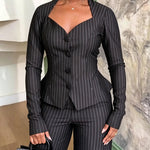 Women's 2 Piece Stripe Suit Elegant Sweetheart Neck Peplum Blazer and High Waisted Wide Leg Pants Business Outfits