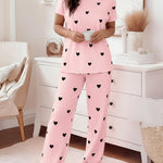 Valentine's Day 2 Pieces Outfit Round Neck Short Sleeve Top and Elastic Waist Pants Set Casual Heart Print Loose Fit Pajamas Set