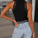 Women's Lace Trim Mock Neck Sleeveless Ribbed Knit Tank Top