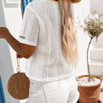 Women's Hollow-out Contrast Crewneck Short Sleeve Sheer Top