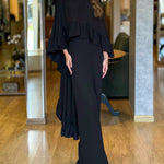 2 Pieces Outfit High Neck Hollow-out Back Ruffles High-Low Hem Cape and Casual Elastic Back Waist Wide Leg Pants Set