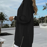 Long Sleeve Kangaroo Pocket Design Zipper Side Pullover Sweatshirt Casual Faux Two Piece Side Slit Longline Drawstring Hoodie Top