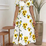 Women's Sunflower Print Midi Dress Puff Sleeve Tie Neck Sundress Shirred Back Slit A-Line Vacation Dress with Lining