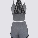 2 Pieces Colorblock Halter Contrast Lace Backless Tank Top & Waffle Knit Casual Shorts Sets