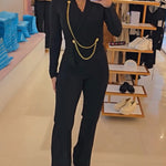 Chain & Button Decor Notched Collar Overlap V-Neck Slit Spliced Overalls Casual High Waist Seam Front Zipper Back Jumpsuit