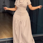 Single Breasted Decor Cowl Neck Short Sleeve Cinched Waist Maxi Dress Elegant Zipper Back Ruched Party Dress