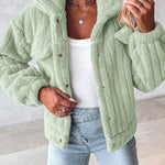 Textured Striped Turn-down Collar Button Front Elastic Cuff and Hem Teddy Fleece Jacket With Decorative Flap Pockets