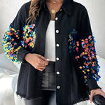 Contrast Sequin Long Sleeve Jacket Top Button Front Raw Hem Loose Fit Shacket
