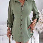 Turn-down Collar Roll Up Sleeve Button Down Shirt Dress Casual Shirred Back Side Drawstring Mini Dress