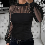 Pearls Decor Mock Neck Sheer Mesh Spliced Ruched Tee Hollow-out Back Slim Fit Textured Top