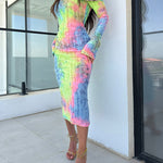 Tie Dye Print Foldover Off Shoulder Long Sleeve Textured Bodycon Dress Casual Ripped Detail High Strech Vacation Dress
