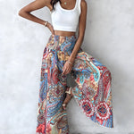 CHICME Women's Vintage Print Wide Leg Pants High Waisted Shirred Waist A-Line Trousers Flowy Boho Vacation Palazzo Pants