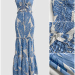 Tropical Print Halter Tie Shirred Frill Trim Cinched Waist Vacation Dress Ruched Cutout Front Slim Fit Ruffle Hem Mermaid Dress