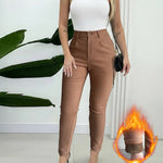 Elastic Waist Padded Stretch Slim Fit Calf Pants with Pocket