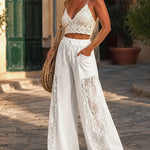 Women's Boho Lace Spliced Wide Leg Pants Casual Drawstring High Waist Pants
