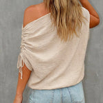 Skew Neck Drawstring Sleeve Loose Fit Casual Top