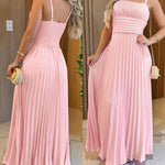 French Style Square Neck Adjustable Spaghetti Strap Backless Cami Maxi Dress Casual Cinched Waist Shirred Back Pleated Vacation Dress
