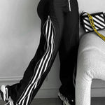 Contrast Side Striped & Zipper Slit Side Drawstring Elastic Waist Trousers Casual Wide Leg Pants