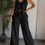 Women's Two Piece Outfits Faux Two Piece Sleeveless Crop Top and High Waisted Wide Leg Pants Elegant Matching Suit