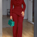 Cowl Neck Asymmetrical Textured Patchwork Cinched Waist Jumpsuit Casual Zipper Back Wide Leg Jumpsuit
