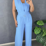 V Neck Lace-Up Waist Meatl Buckle Jumpsuit Casual Shirred Wide Leg Romper