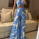 Women's Palm Leaf Print 2 Piece Set Convertible Halter Tie Top and Ruffle Wide Leg Pants Casual Vacation Set