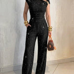 Women's Glitter Textured Two Piece Outfits Plisse Skew Neck Ruched Top and High Waisted Straight Leg Pants Set