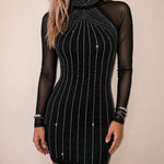 Women's Rhinestone Mock Neck Sheer Mesh Long Sleeve Bodycon Dress Mini Party Dress