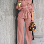 2 Pieces Outfit Vintage Turn-down Collar Roll Up Sleeve Button Front Flap Pocket Design Waist Drawstring Top and Elastic Waist Wide Leg Pants Set Casual Textured Commuting Set